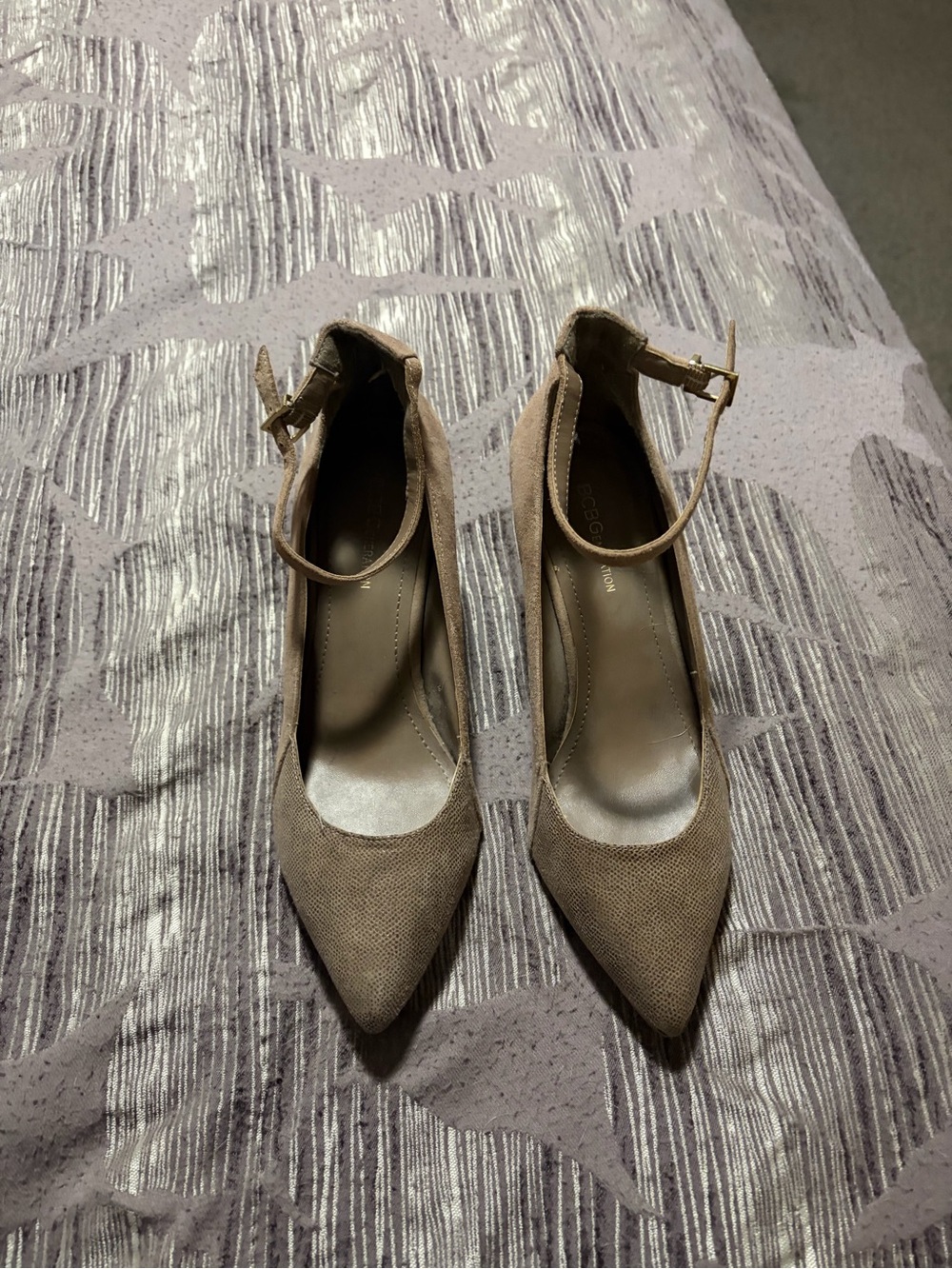 BCBG Taupe Pointed-Toe Ankle Strap Wedge Shoes - Women's